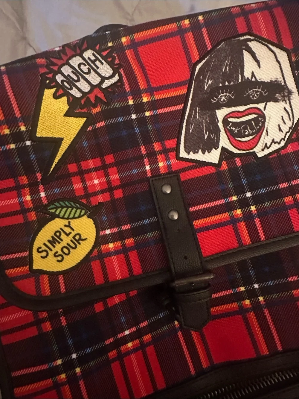 Disney Cruella  Red Plaid Patch-Accent Backpack